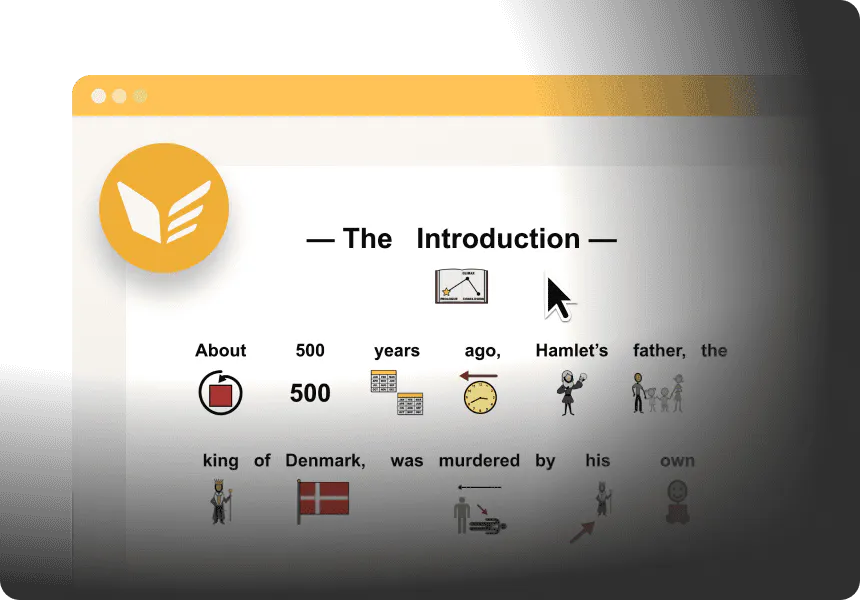 Adapted literature page showing an introduction to Hamlet with simplified text and supporting symbols for key words.