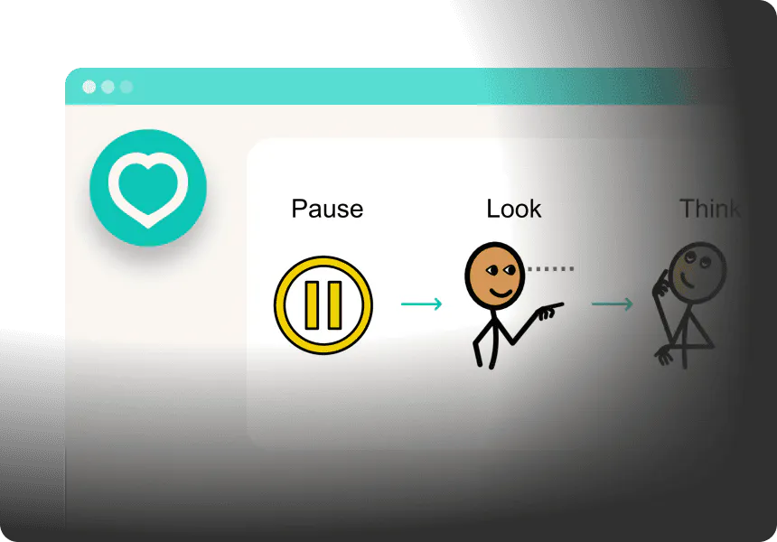Visual guide showing a three-step self-regulation process: pause, look, and think, using simple icons and arrows.