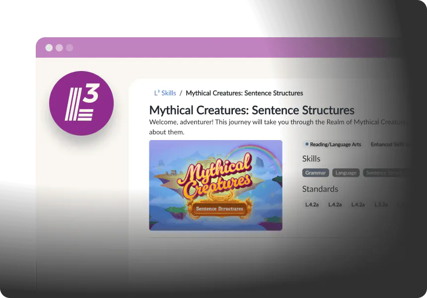Lesson page for “Mythical Creatures: Sentence Structures” showing a reading skills activity with grammar focus and standards listed.