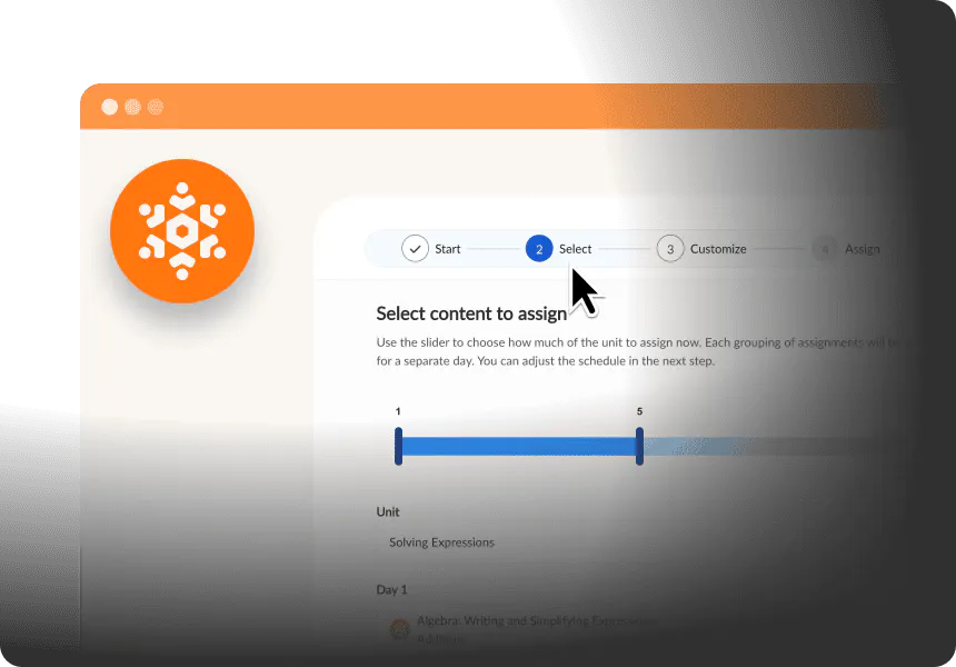 Assignment setup screen showing step-by-step process with “Select content to assign” and a slider to choose lesson amount.