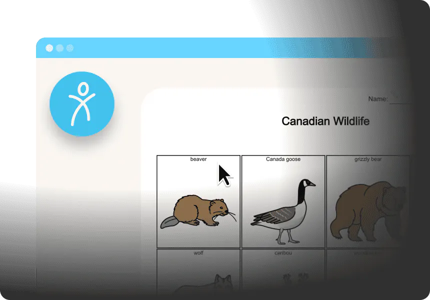 Worksheet titled “Canadian Wildlife” showing labeled animal images including beaver, Canada goose, and grizzly bear.