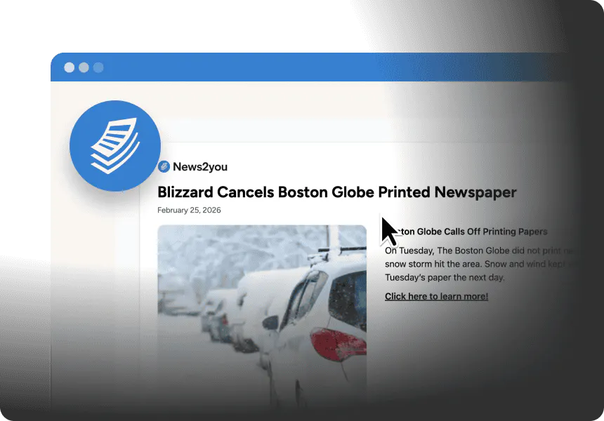 News article page reporting Boston Globe print cancellation due to blizzard, with image of snow-covered cars and summary text.