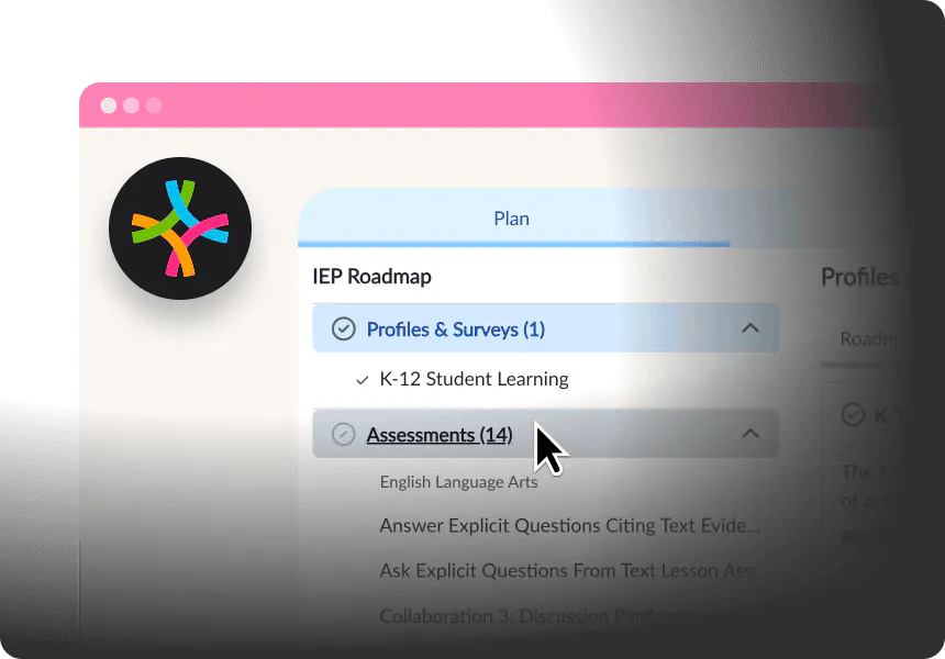IEP planning interface showing roadmap with profiles, surveys, and assessments organized for student learning goals.