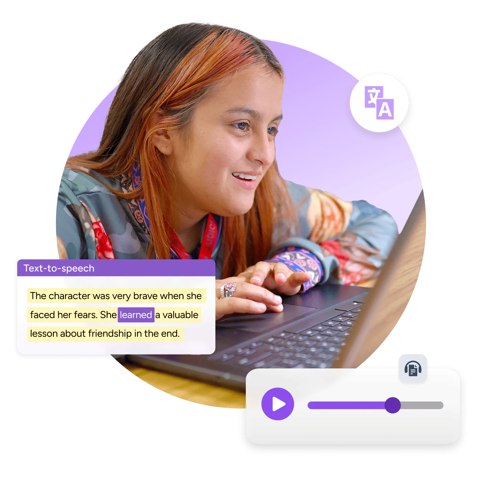 Student smiling at a laptop, surrounded by Read&Write features