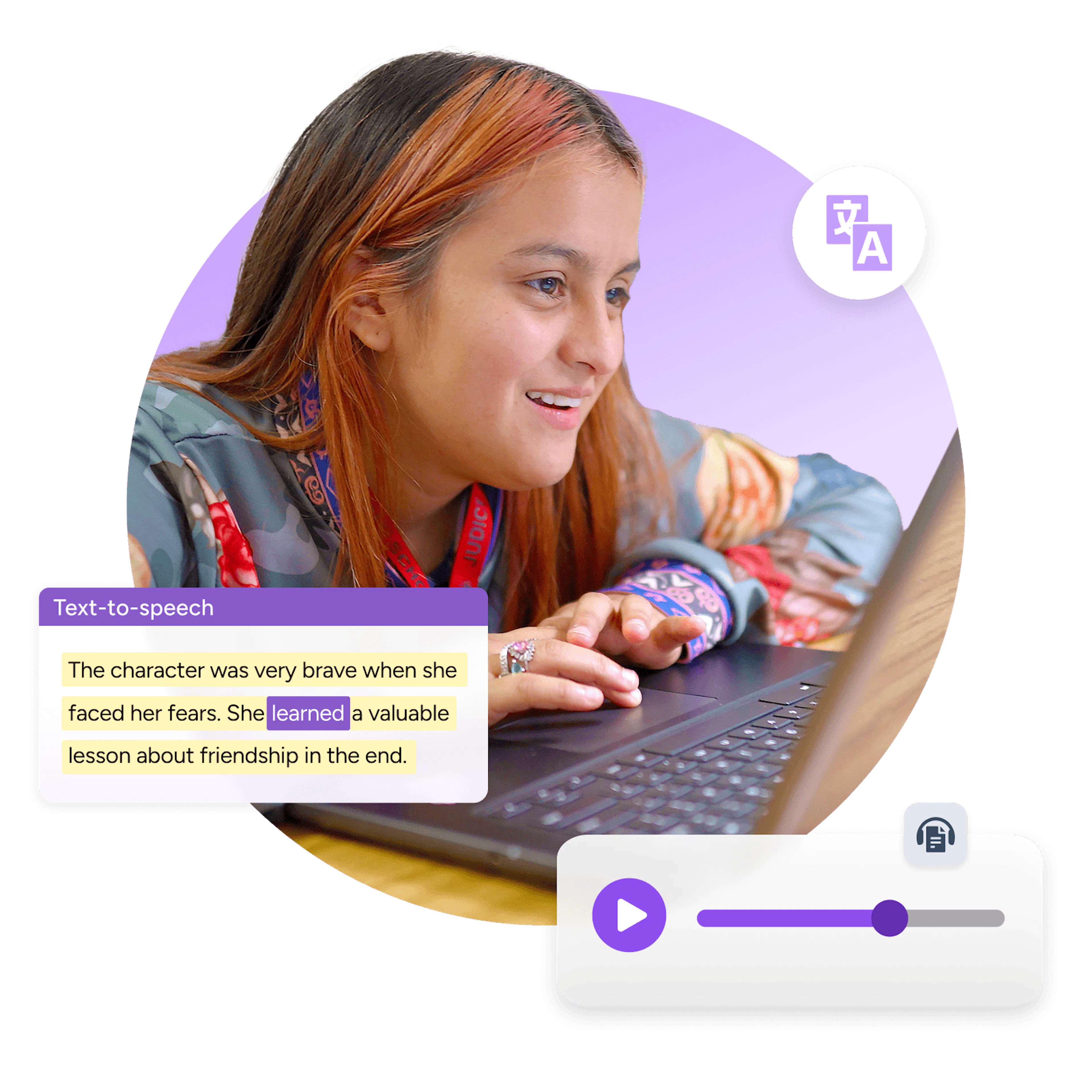 Student smiling at a laptop, surrounded by Read&Write features