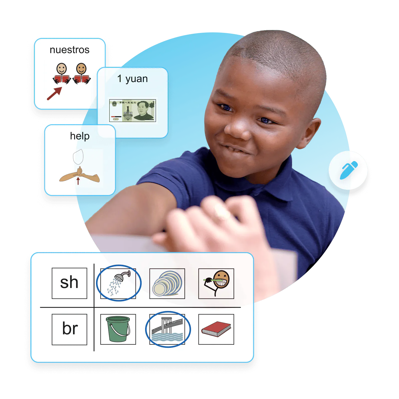 Student using symbol-supported learning tools, including vocabulary cards in different languages and a phonics matching activity.
