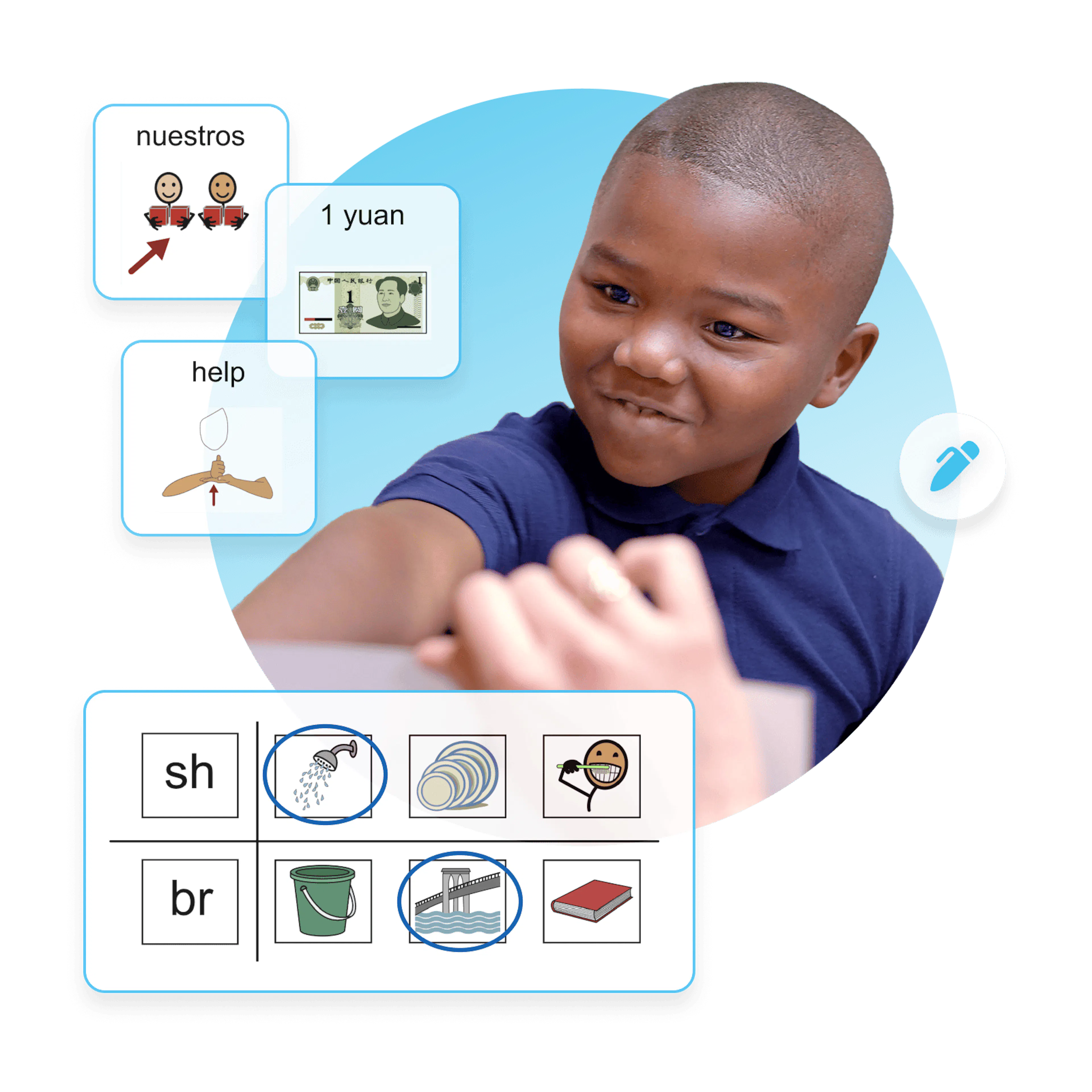 Student using symbol-supported learning tools, including vocabulary cards in different languages and a phonics matching activity.