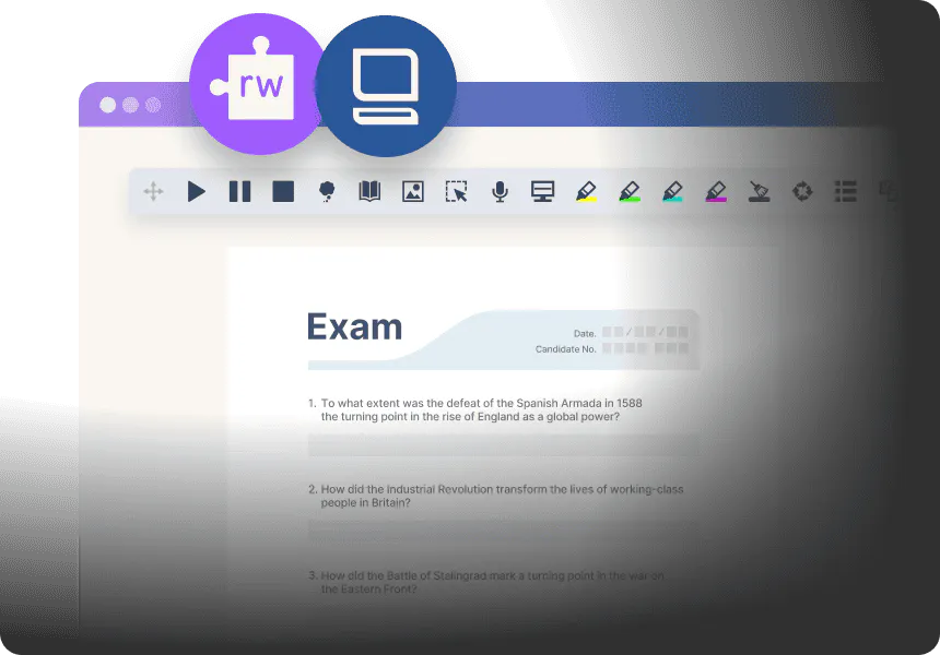 Exam interface displayed in a digital annotation tool, showing history questions and controls for highlighting, drawing, and recording responses.