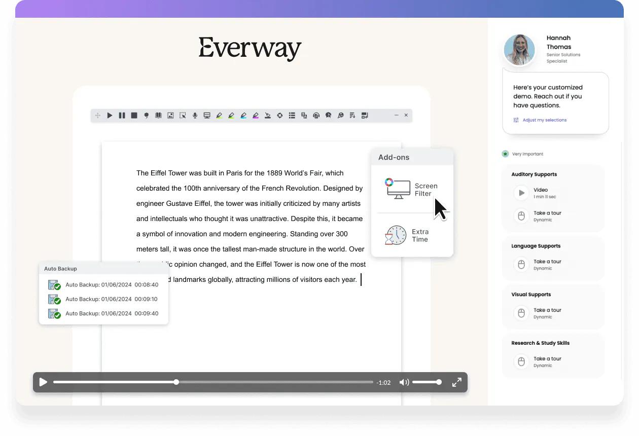 Digital exam platform showing a student essay editor with tools, add-ons like screen filter and extra time, and accessibility support options.