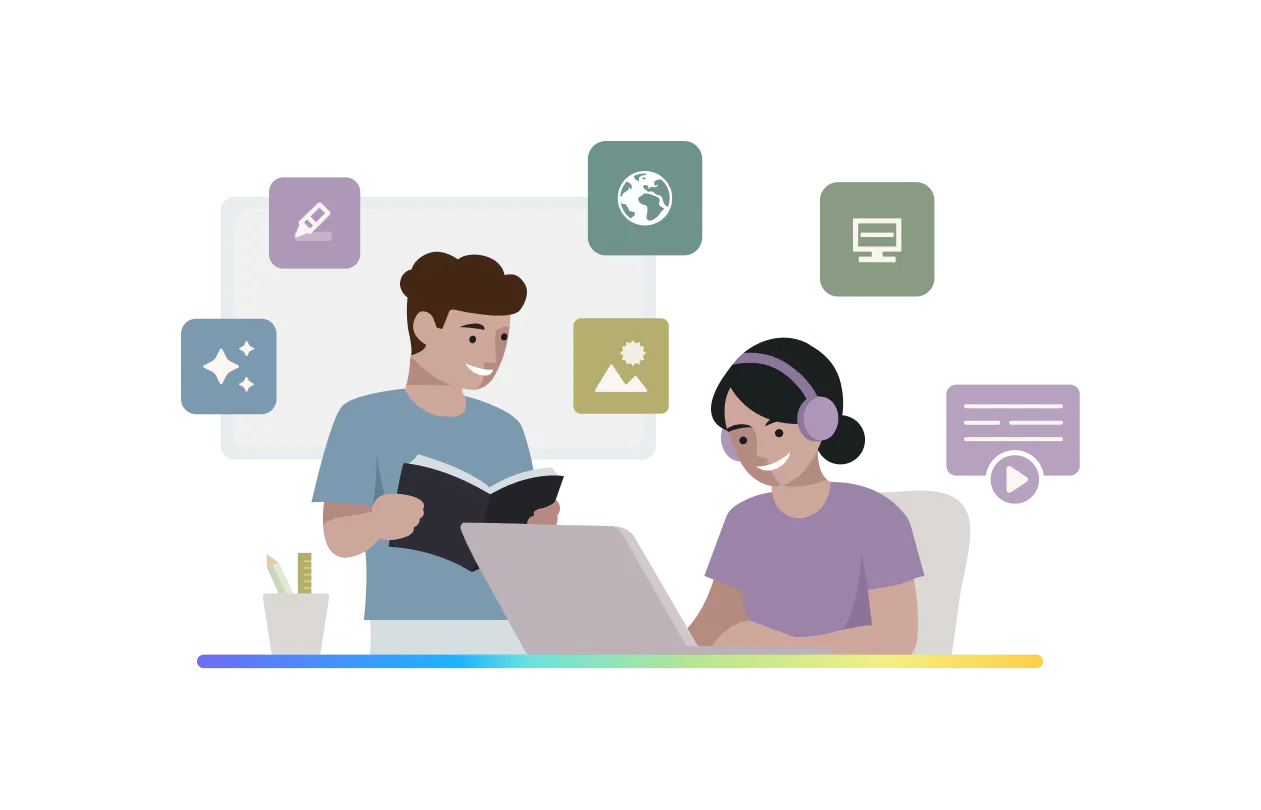 Two students working together, one with a book and the other on a laptop with wearing headphones. Product icons surround them