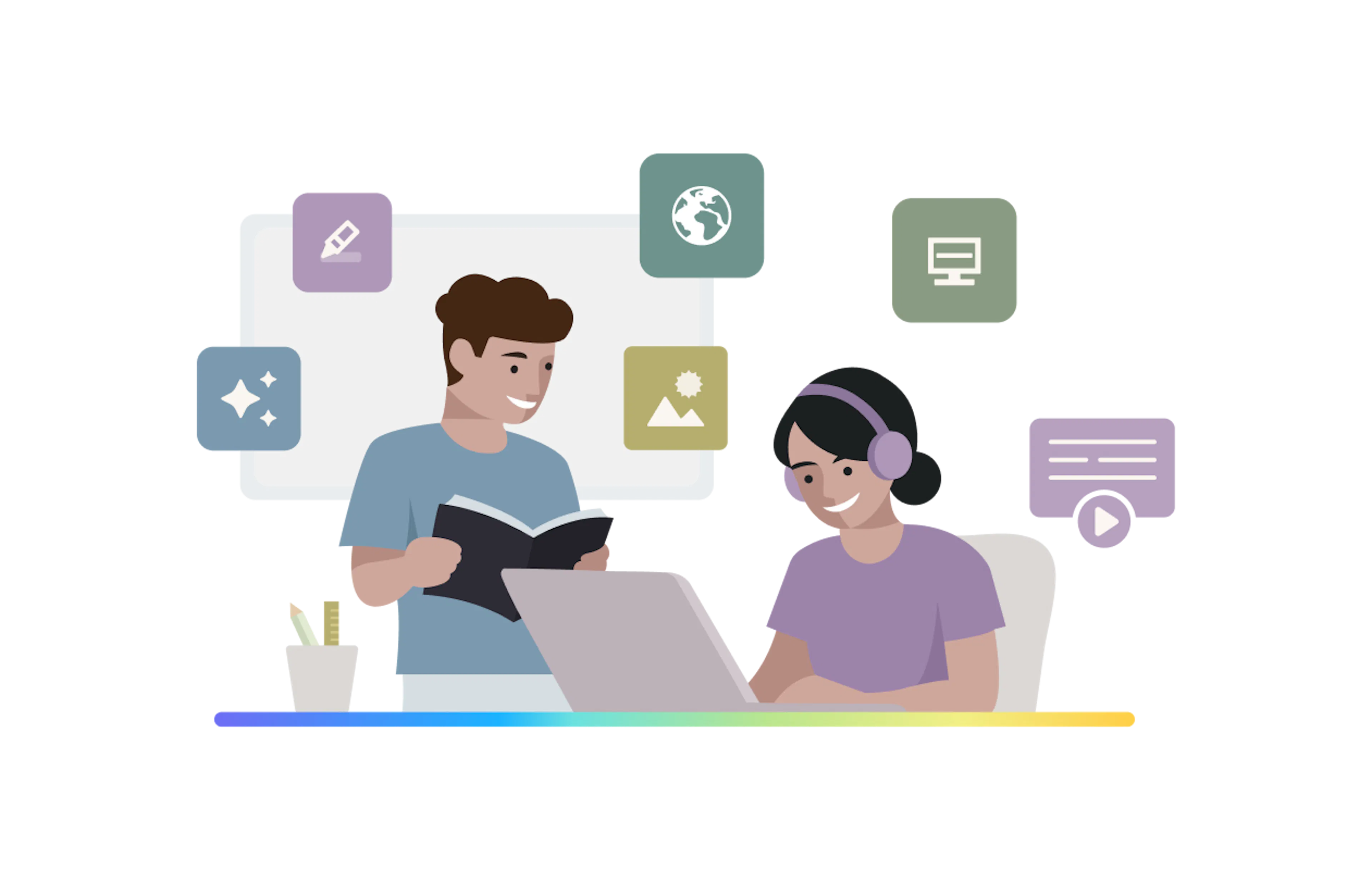 Two students working together, one with a book and the other on a laptop with wearing headphones. Product icons surround them 
