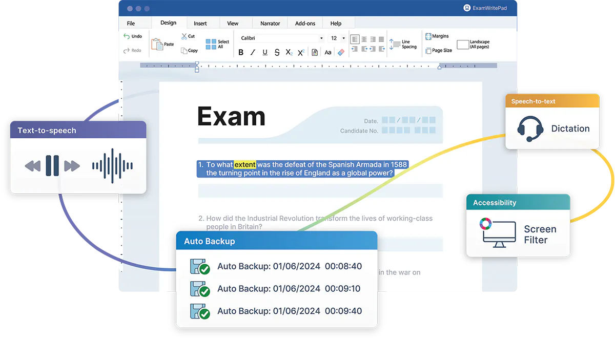 Interface showing an exam word processor with accessibility tools like text-to-speech, dictation, screen filter, and auto backup enabled.