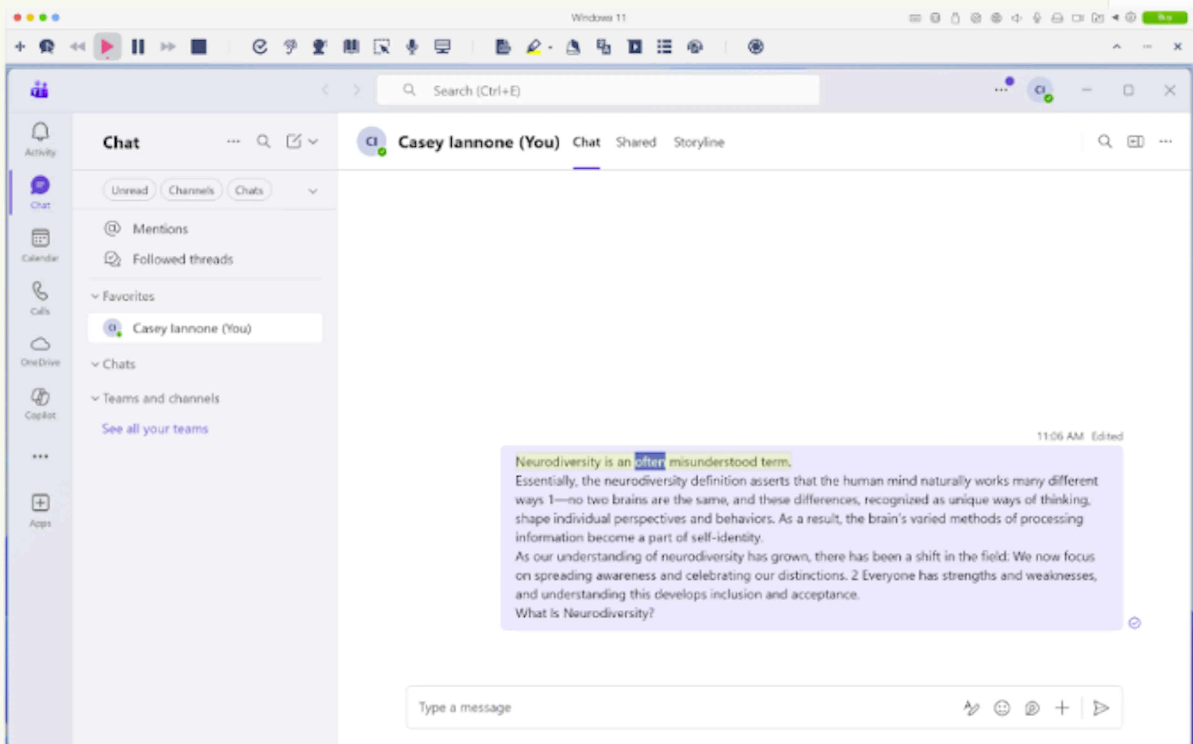 Hover speech in MS teams