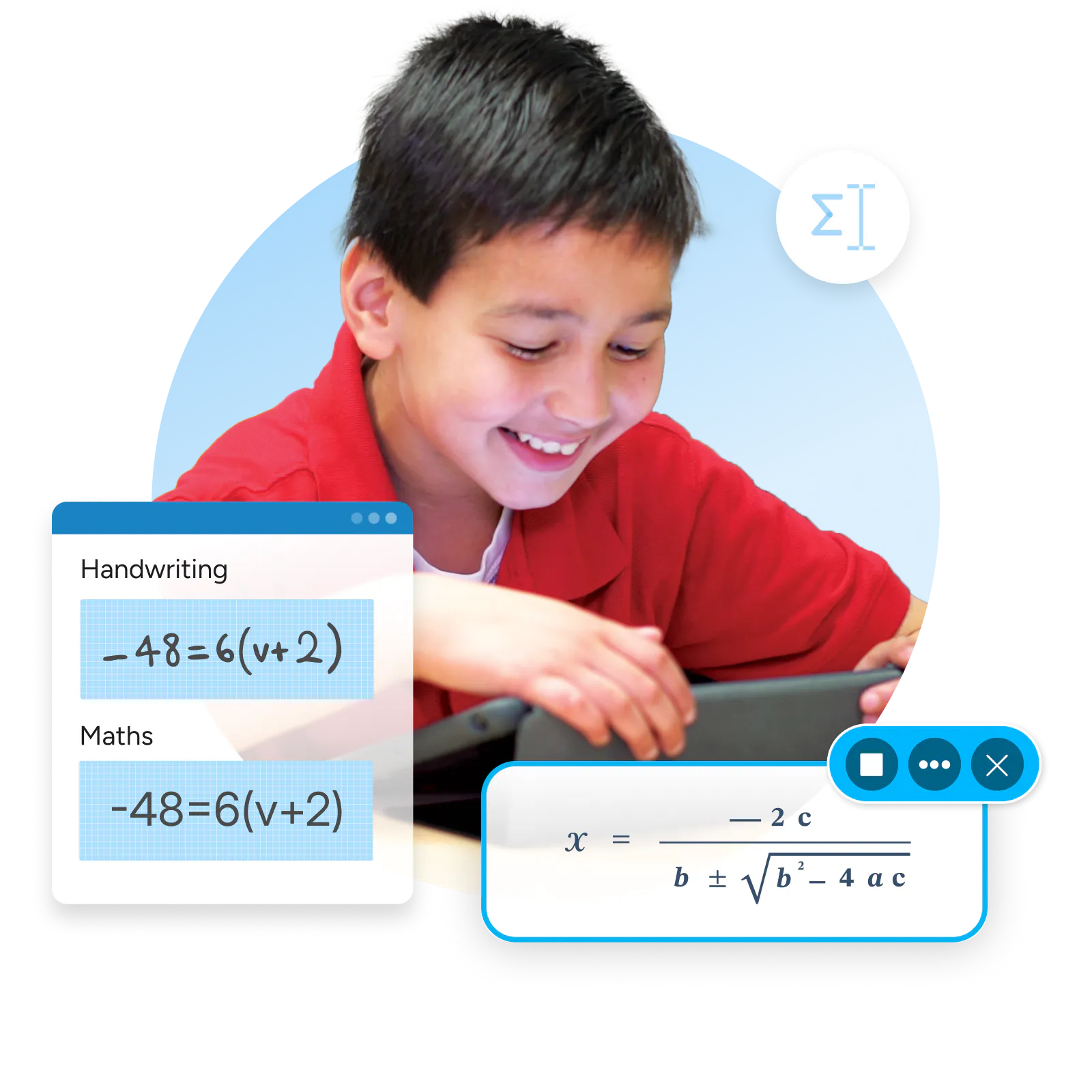 Student smiling at a tablet, surrounded by Equatio features