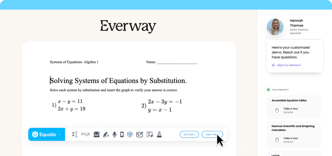 Interface showing Equatio math tool solving algebra equations by substitution, with options to insert math and access tools.