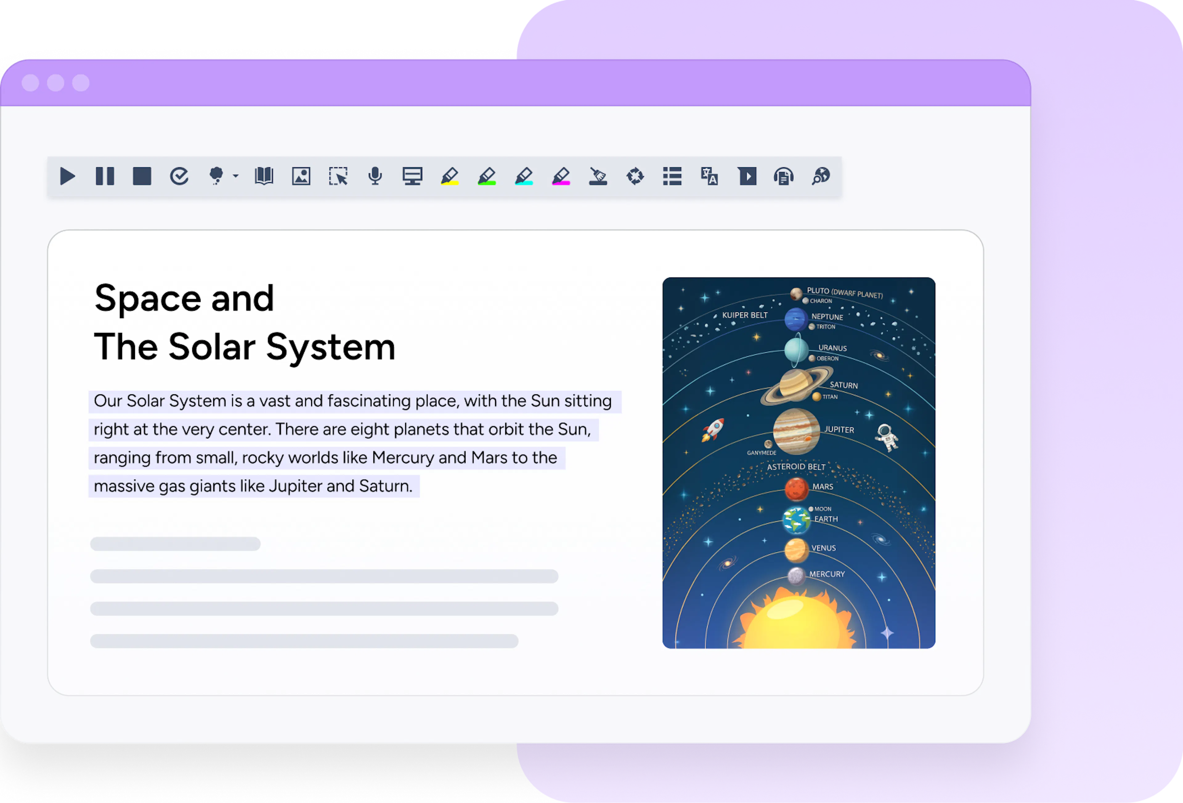 Read&Write Product UI showing the toolbar over the top of a school focused document