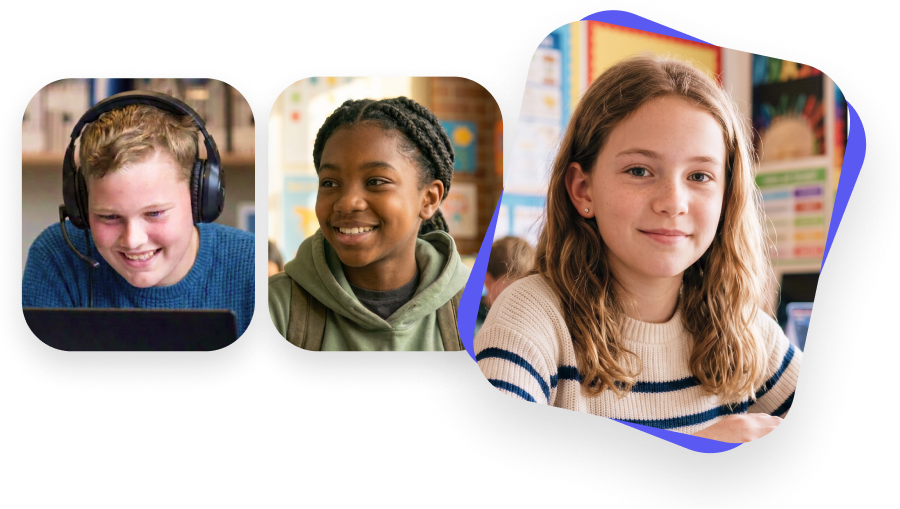 Three students smiling during online and digital classroom learning activities.