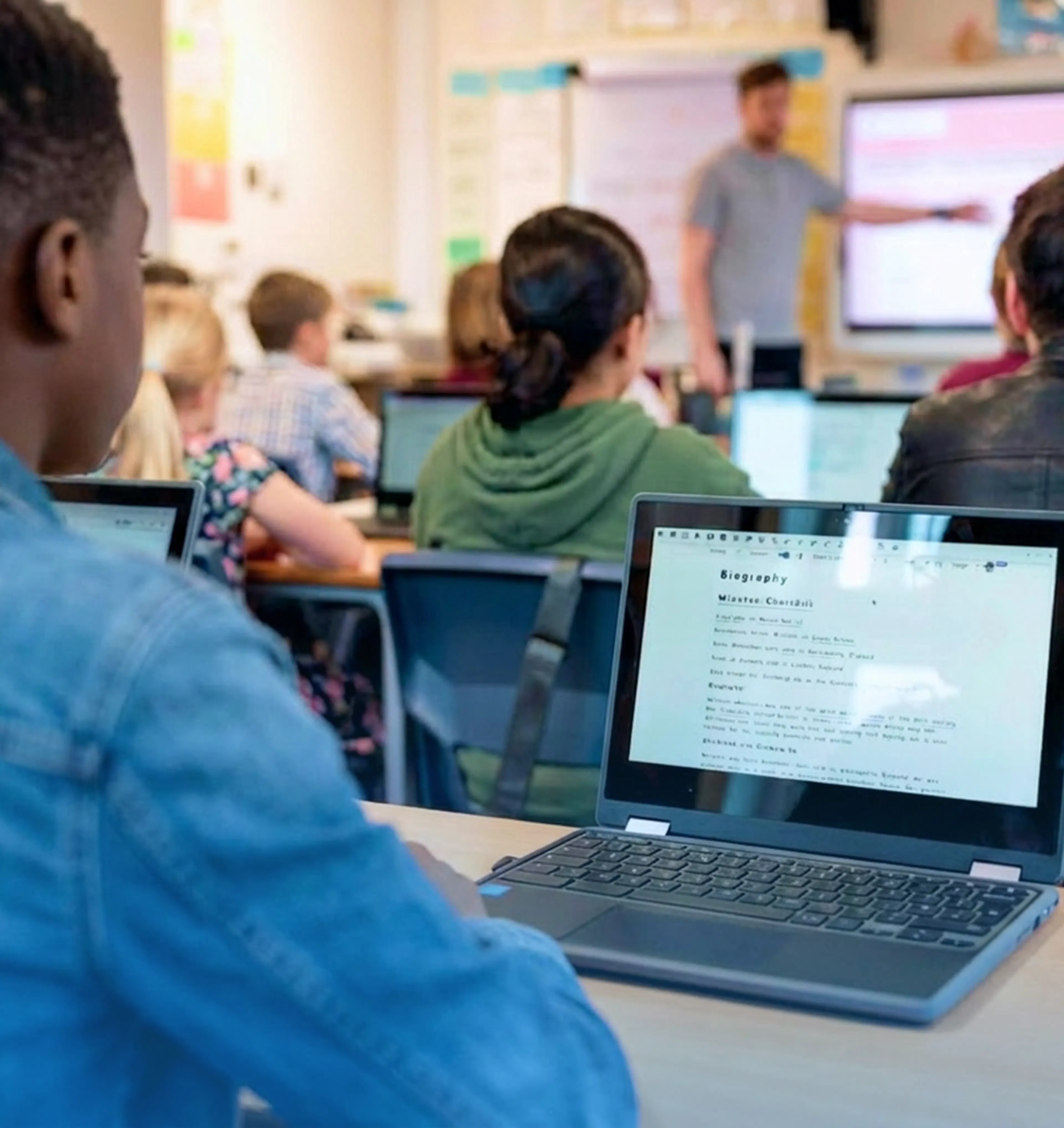 Students using laptops in a classroom while a teacher presents at the front.
