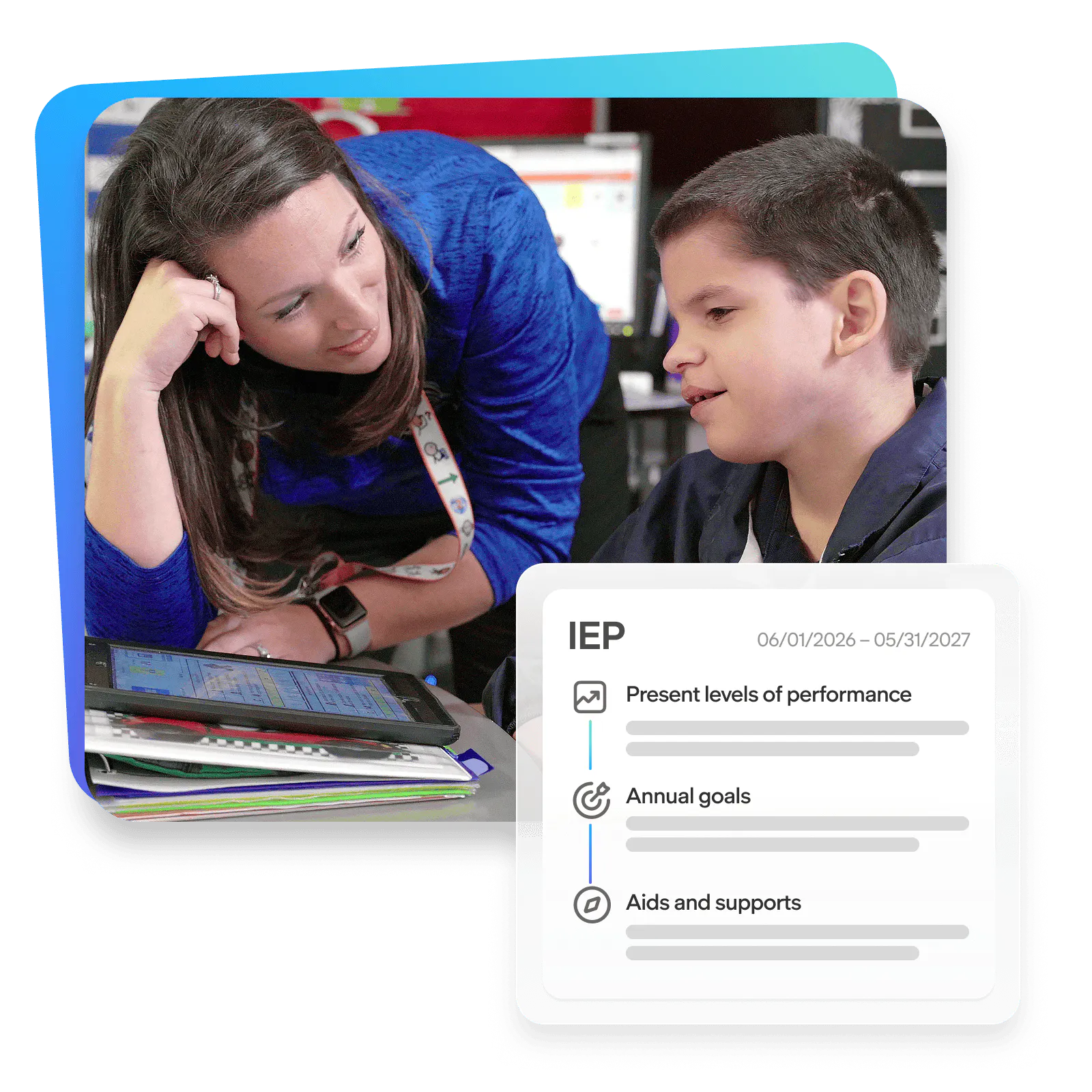 Teacher reviewing a student's work on a tablet, alongside an Individualized Education Program (IEP) interface highlighting present levels of performance, annual goals, and supports.