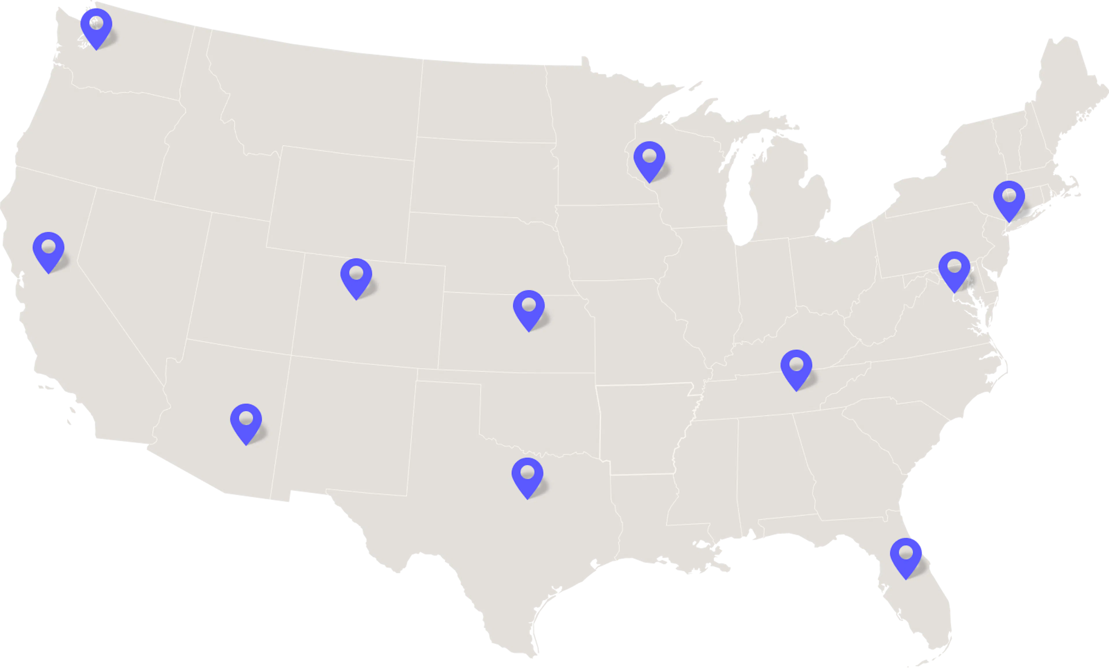 Map of the United States with location markers highlighting partner or customer sites across multiple regions nationwide.