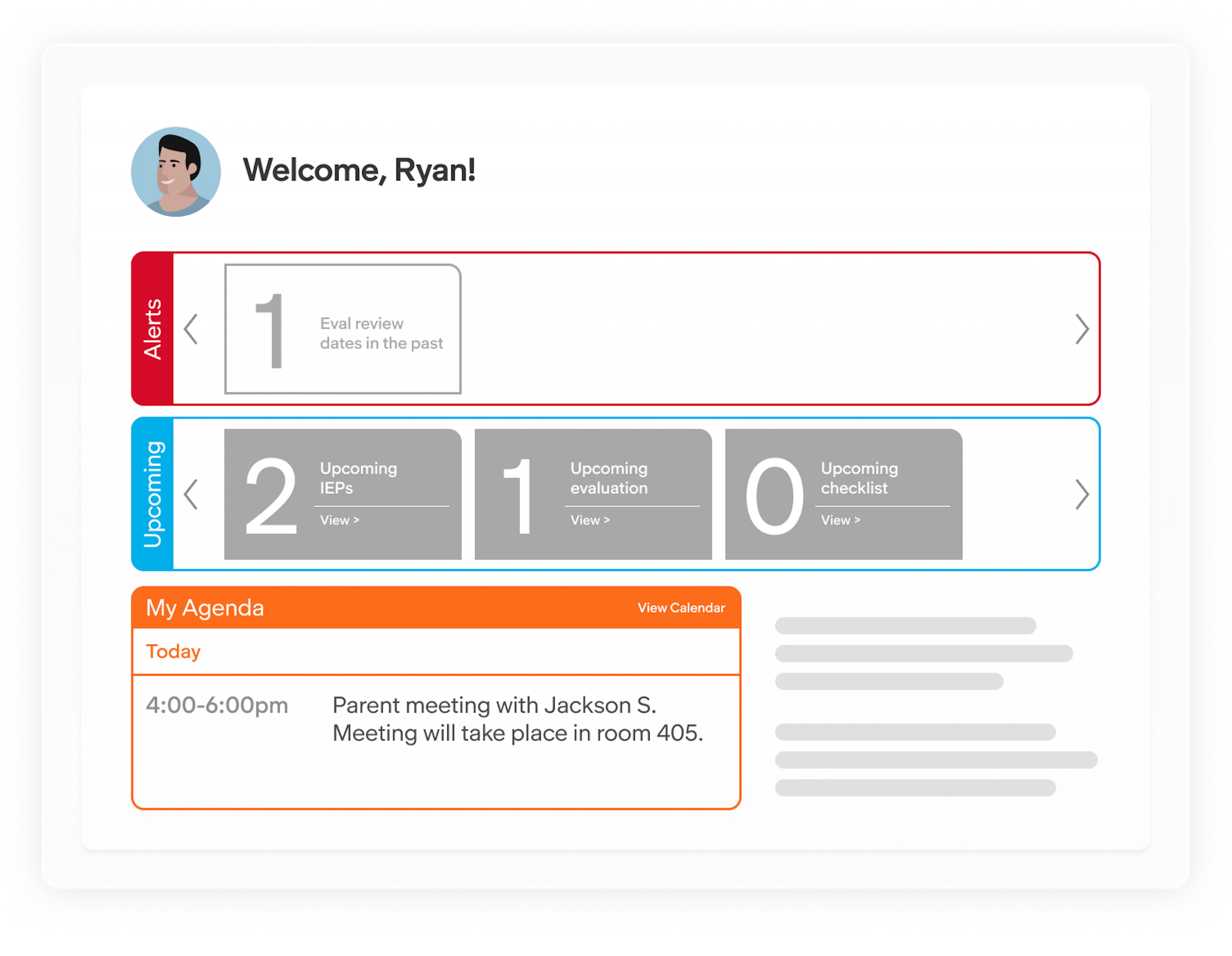 Teacher dashboard showing alerts, upcoming IEPs and evaluations, and a daily agenda with a scheduled parent meeting, providing an overview of key special education tasks.