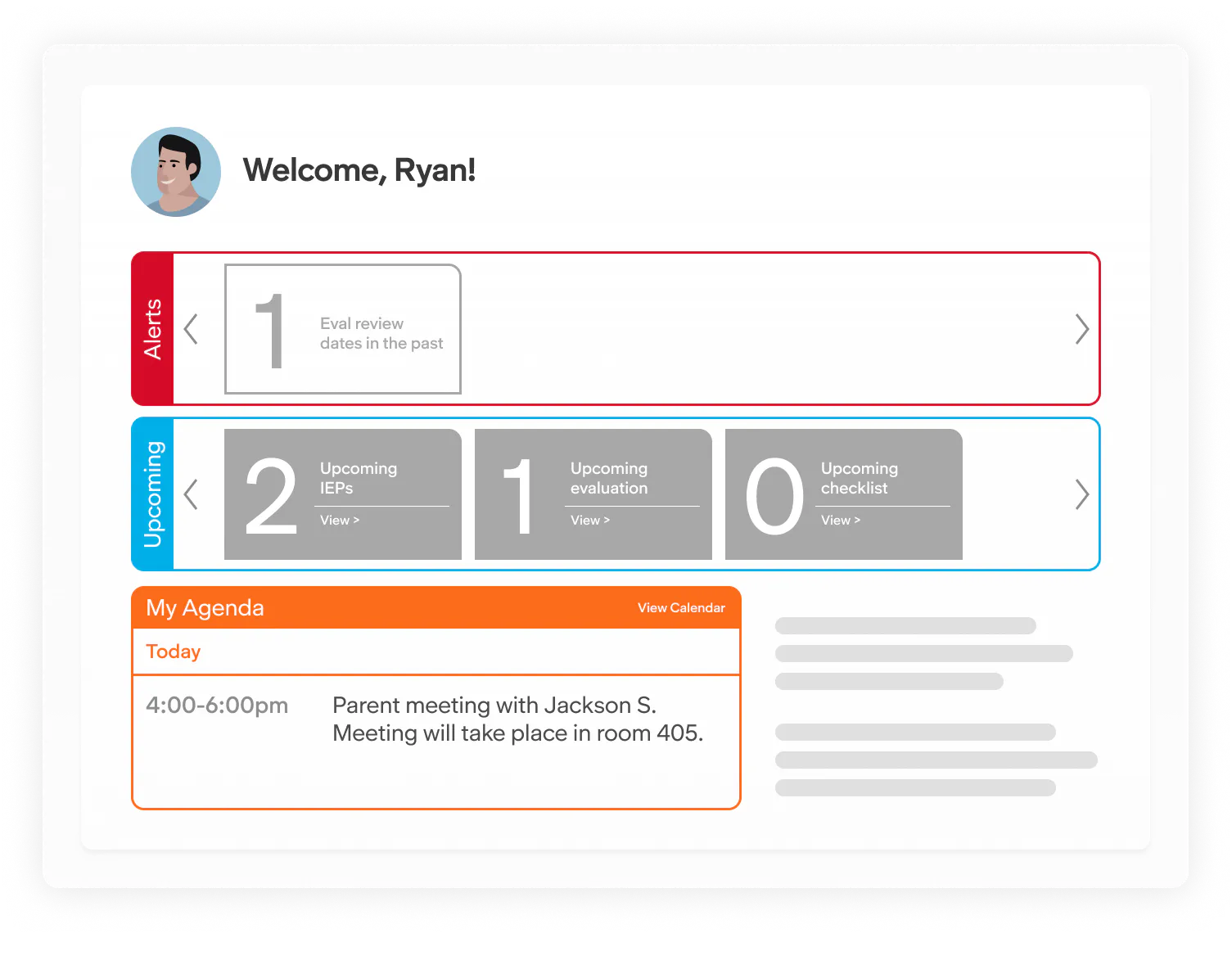 Teacher dashboard showing alerts, upcoming IEPs and evaluations, and a daily agenda with a scheduled parent meeting, providing an overview of key special education tasks.