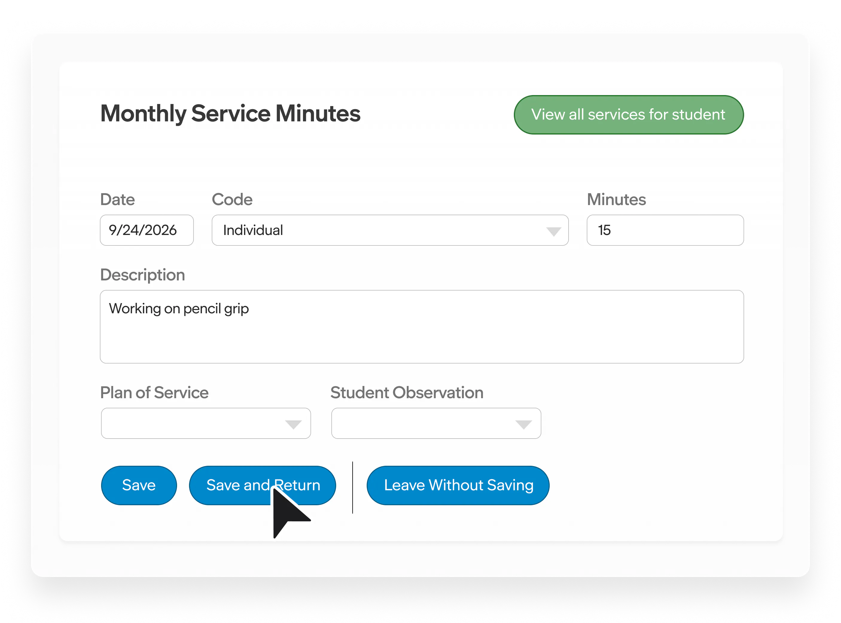 Monthly service minutes form for recording a student’s service date, code, minutes, description, plan, and observation.