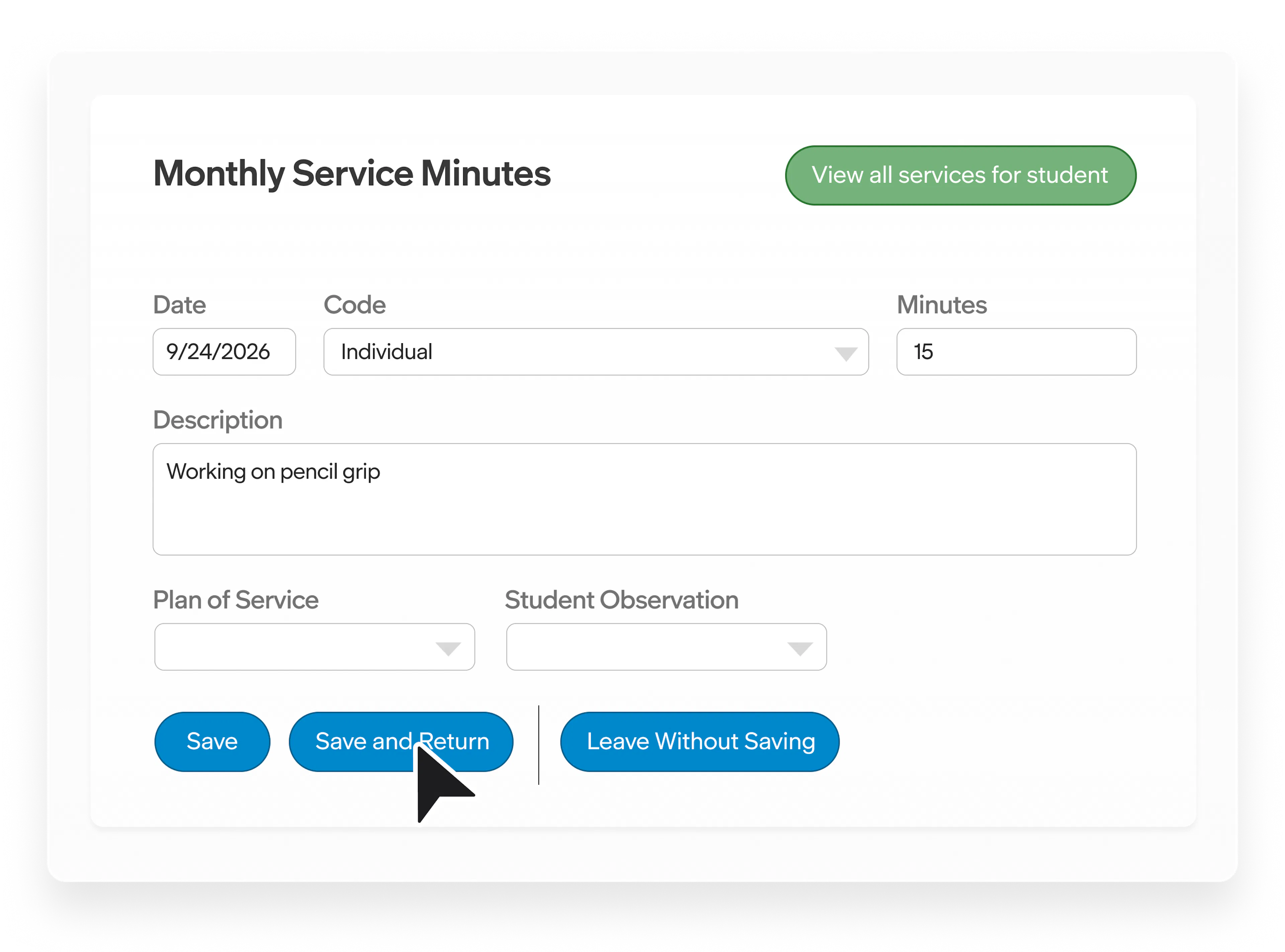 Monthly service minutes form for recording a student’s service date, code, minutes, description, plan, and observation.