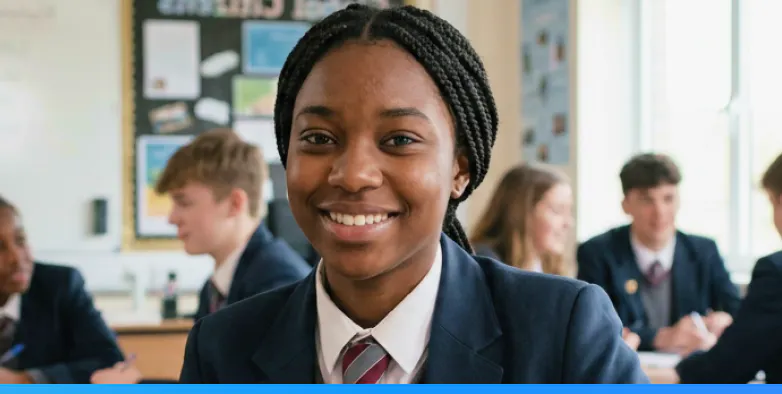 A student smiling in class while other students can be seen in the background.