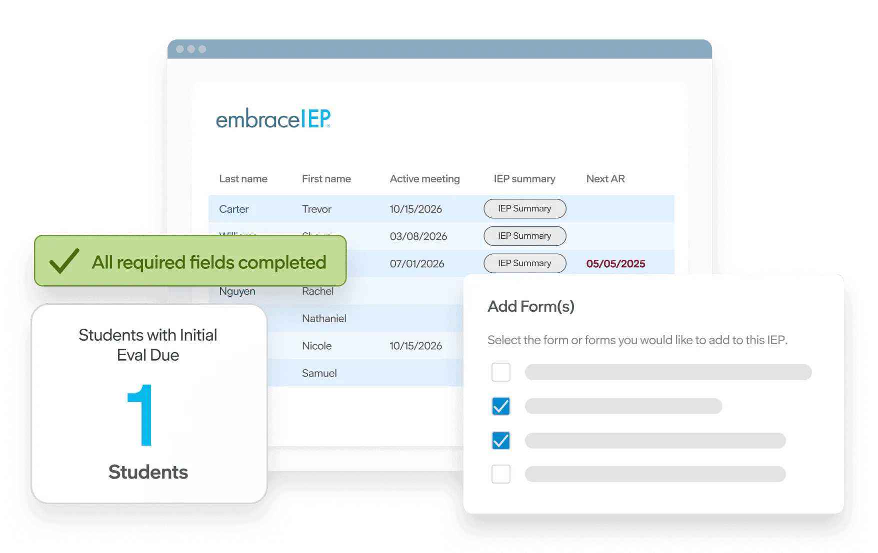 embraceIEP interface showing student records, IEP form selection, a completed-fields confirmation, and one student due for initial evaluation.
