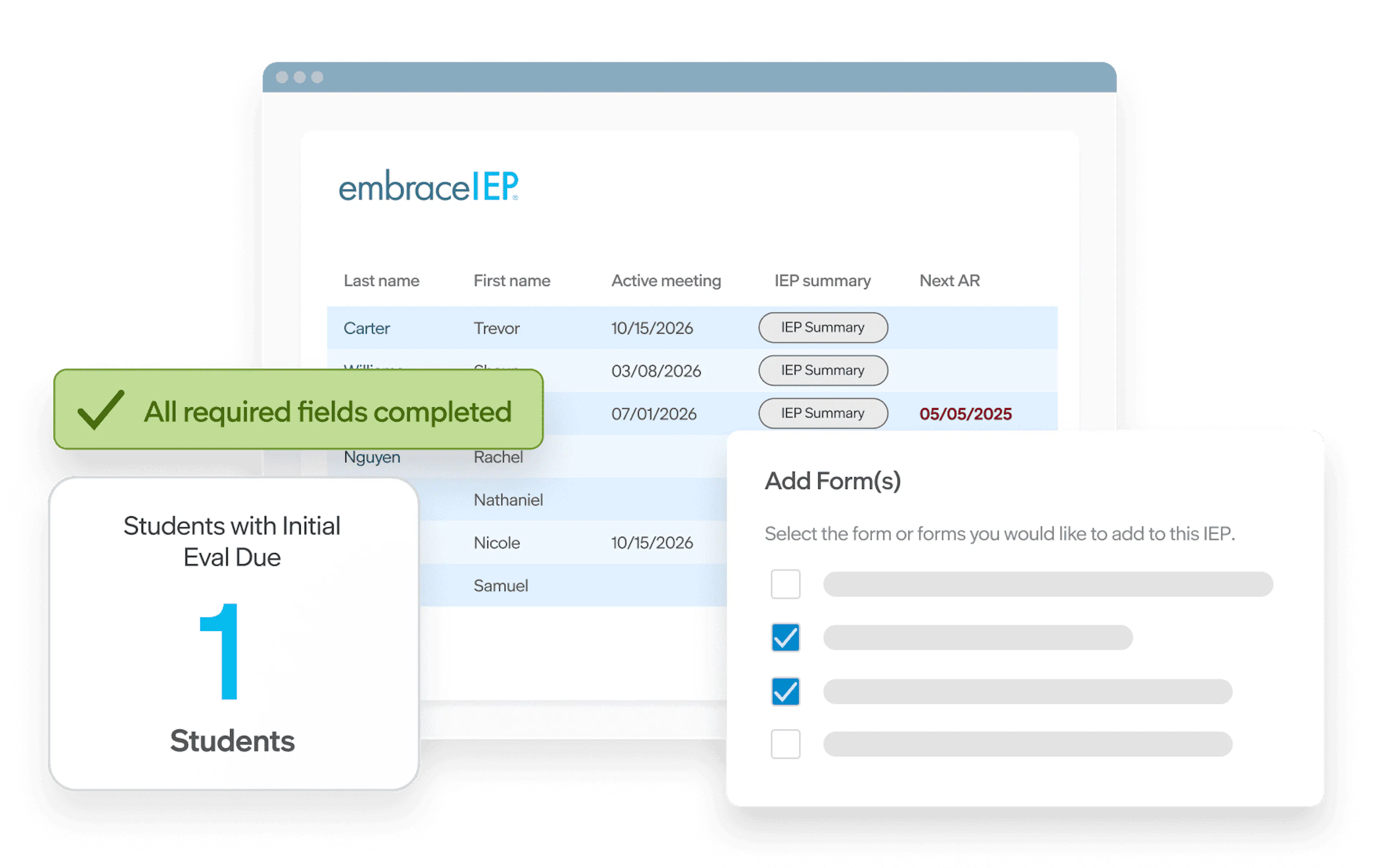 embraceIEP interface showing student records, IEP form selection, a completed-fields confirmation, and one student due for initial evaluation.