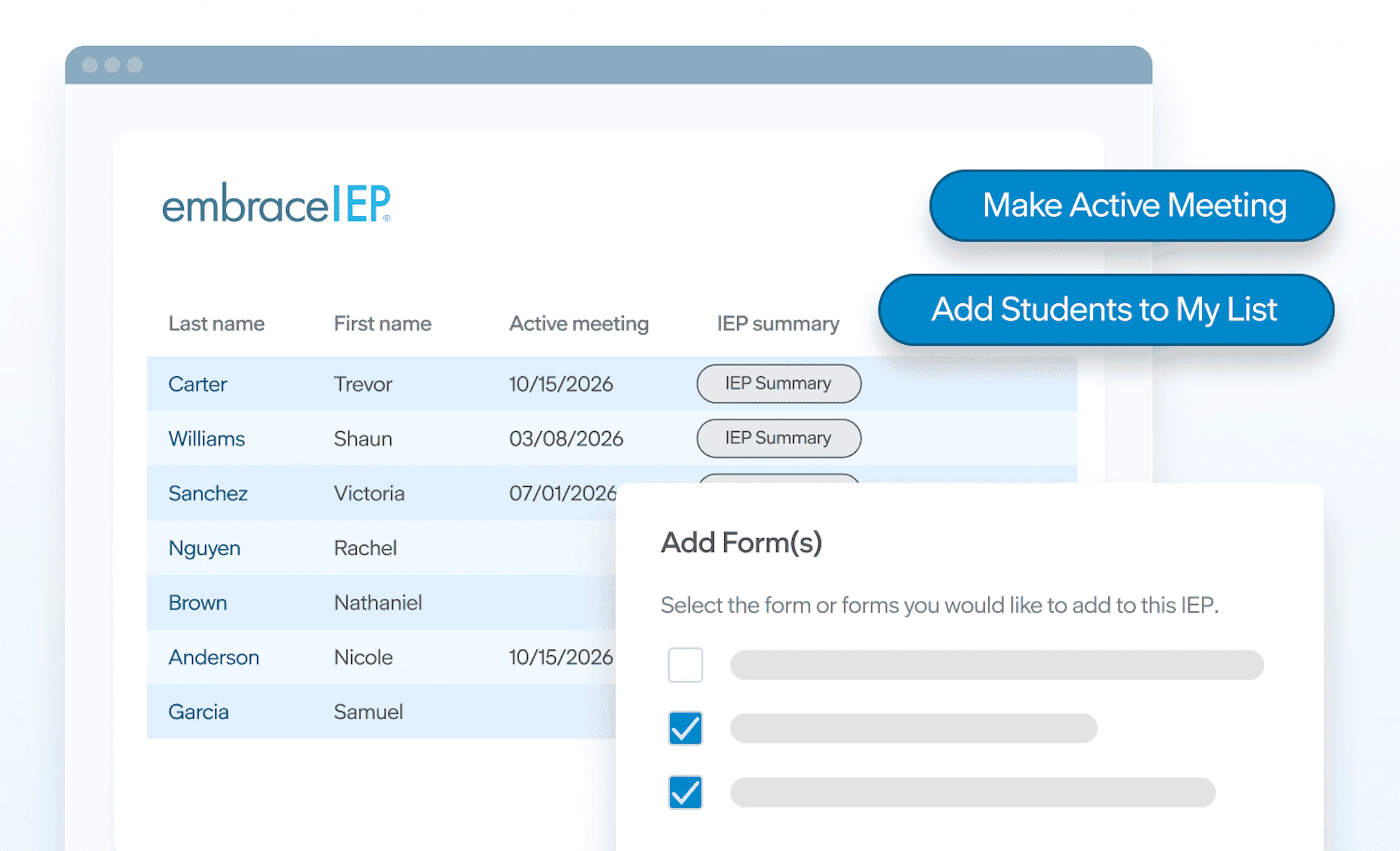 EmbraceIEP interface showing a student list, IEP summaries, active meeting dates, and options to add forms and students.