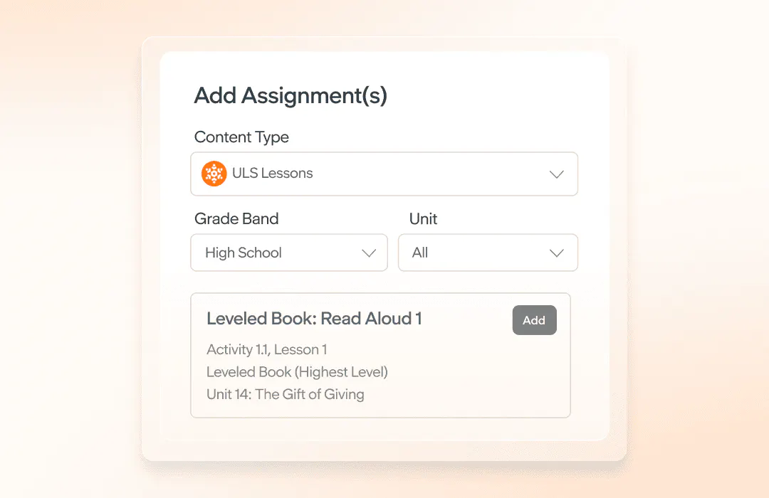 Assignment creation screen showing options to select content type, grade band, and unit, with a listed leveled book activity that can be added.