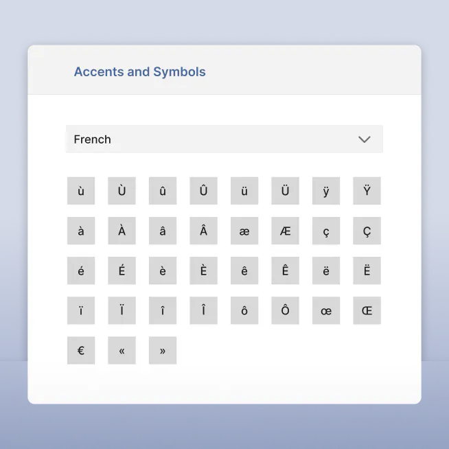 ExamWritePad interface showing the accented character and symbol support panel