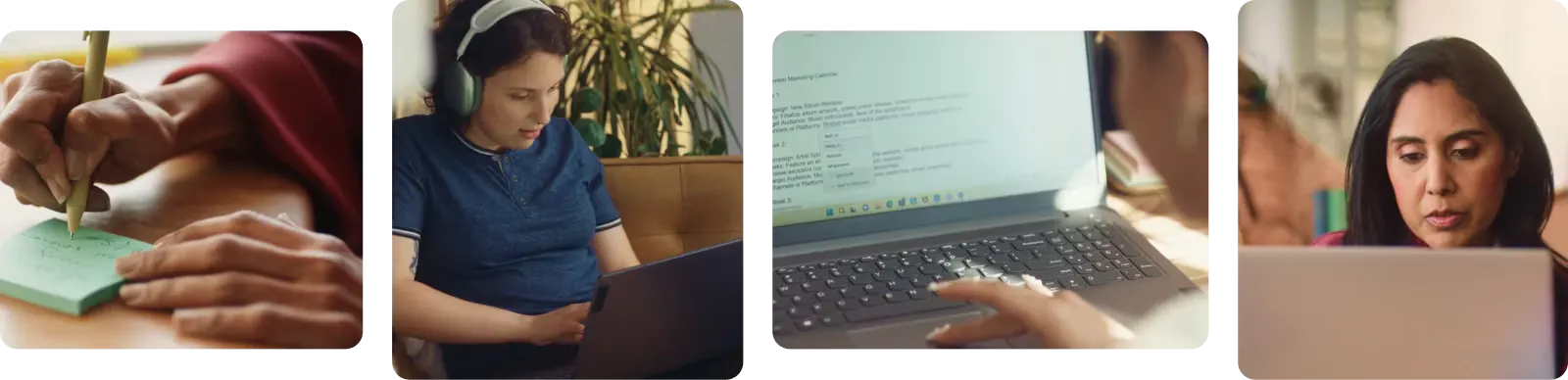 Four scenes showing different ways of working: writing notes by hand, working on laptops with headphones, using assistive software, and focusing on a computer screen.