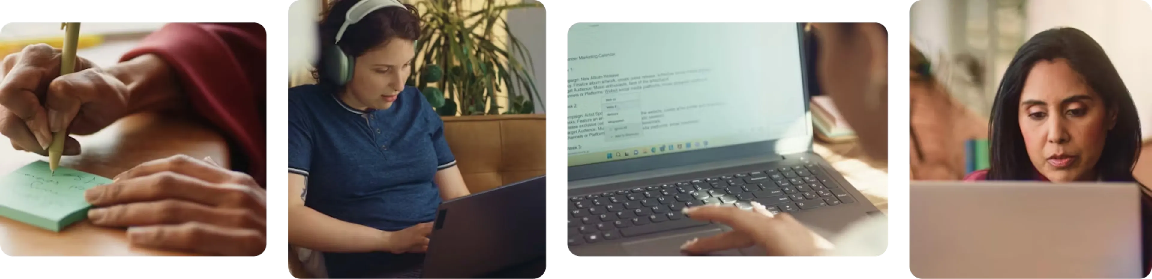 Four scenes showing different ways of working: writing notes by hand, working on laptops with headphones, using assistive software, and focusing on a computer screen.