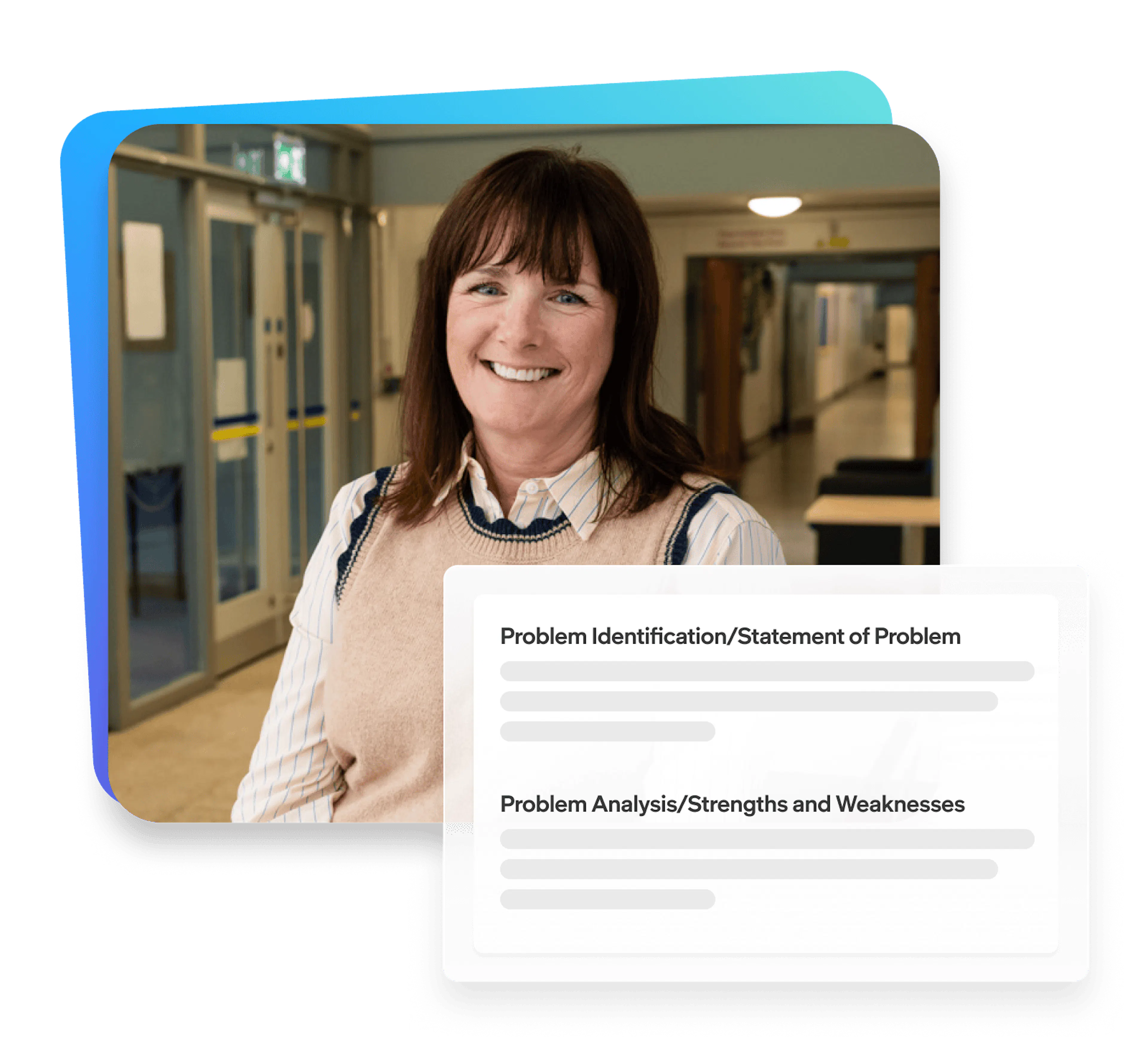 Educator in a school hallway alongside a graphic highlighting problem identification and analysis of strengths and weaknesses.