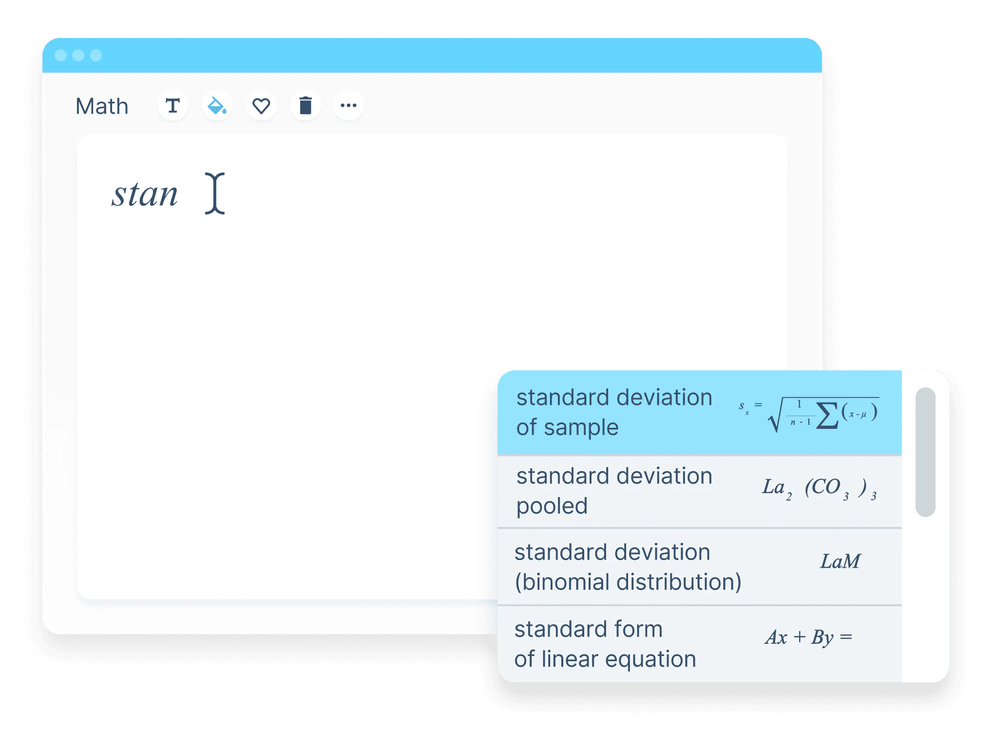 Math editor with equation autocomplete suggestions, showing "standard deviation of sample" selected as the user types a statistical notation.