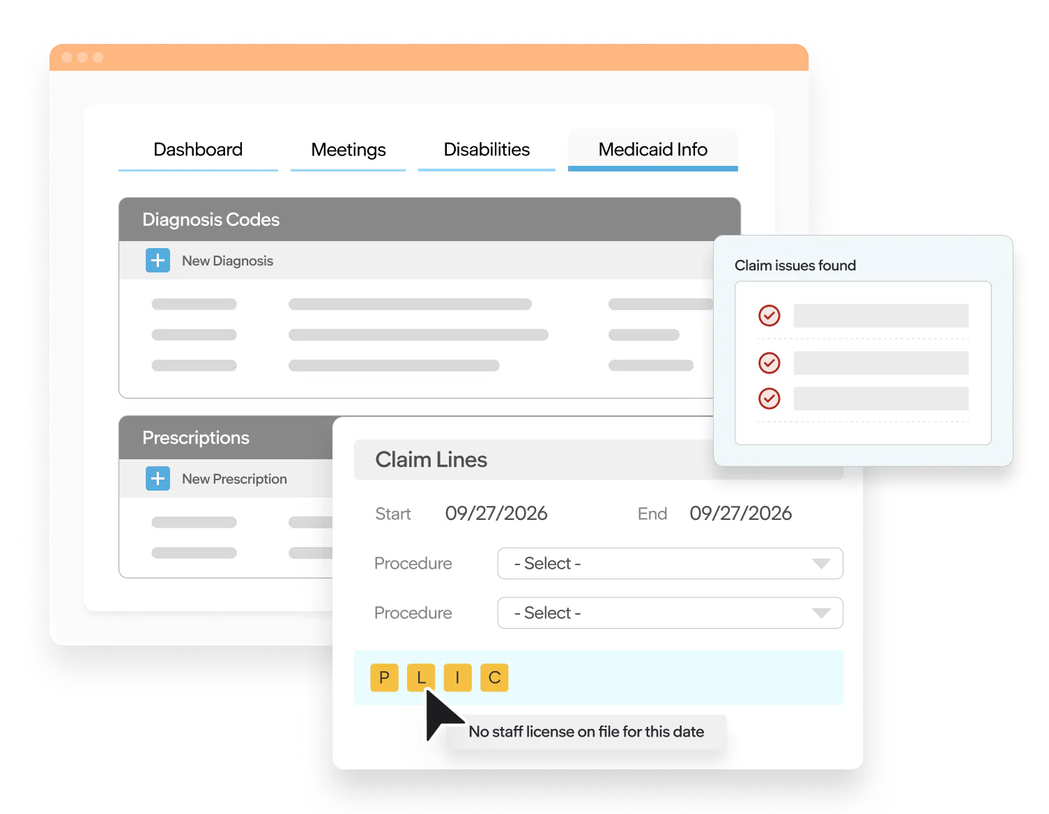 Medicaid billing interface showing diagnosis codes, prescriptions, claim lines, and claim issue alerts to identify billing errors.