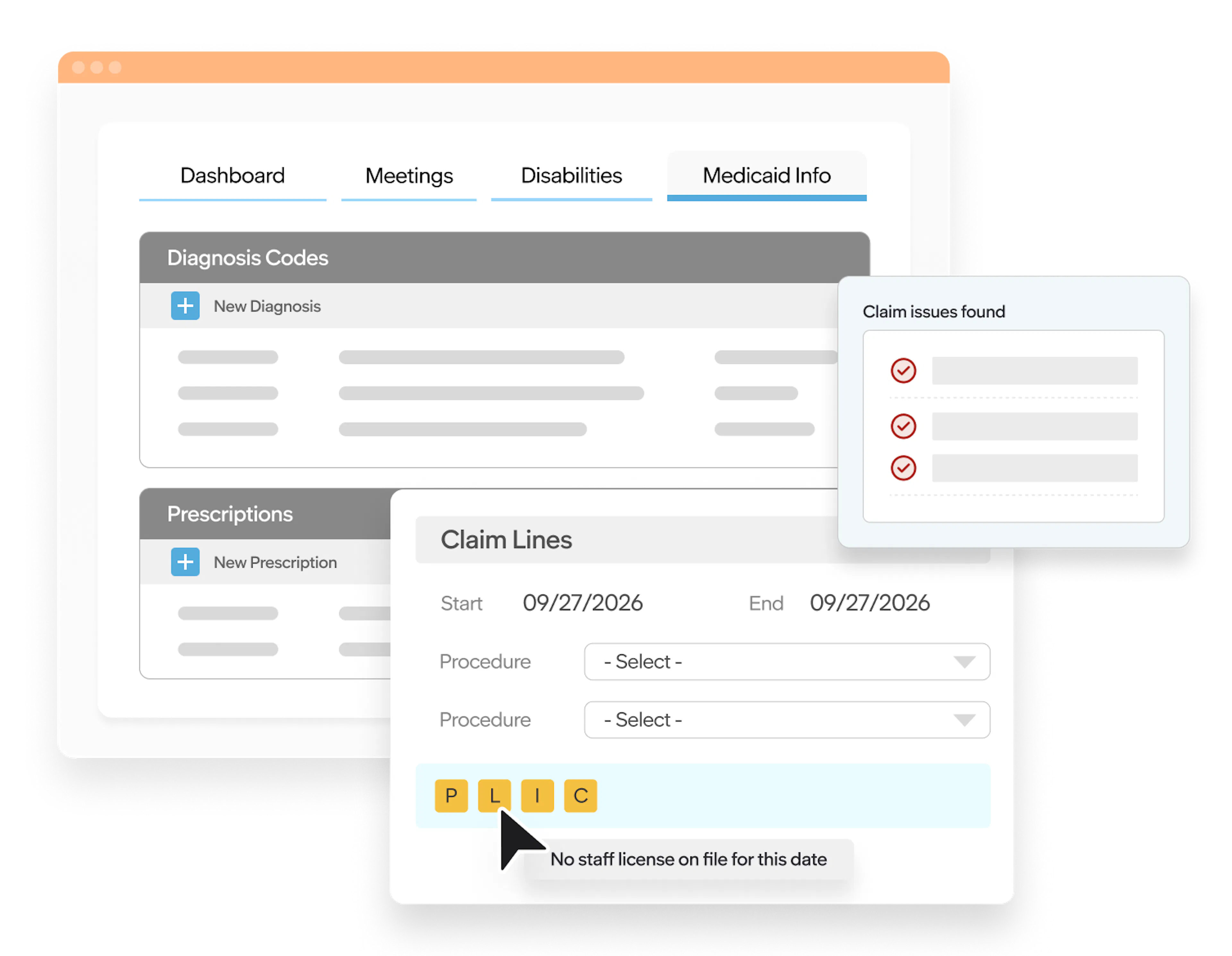 Medicaid billing interface showing diagnosis codes, prescriptions, claim lines, and claim issue alerts to identify billing errors.