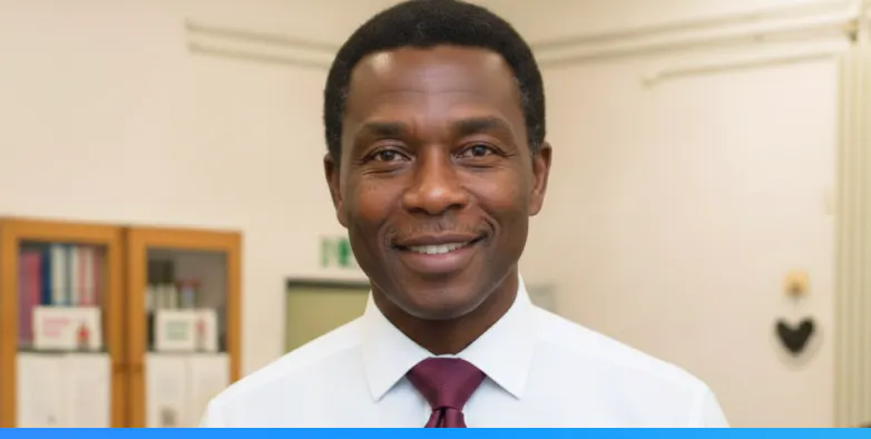 Teacher smiling, wearing a white shirt and burgundy tie in an school setting.