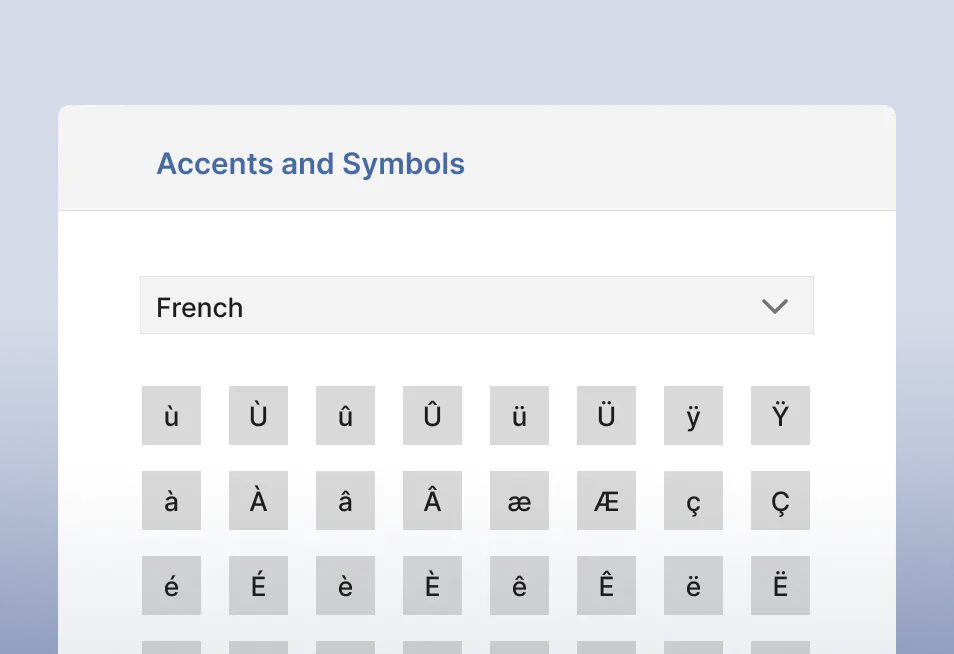 ExamWritePad interface showing the accented character and symbol support panel