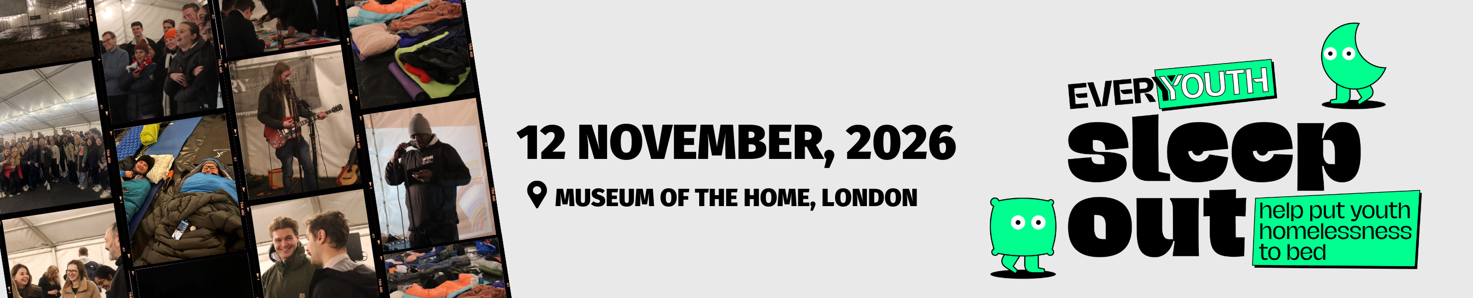 Banner for EveryYouth Sleep Out, showing participants at a sleep‑out event, with event date 12 November 2026 at the Museum of the Home, London.