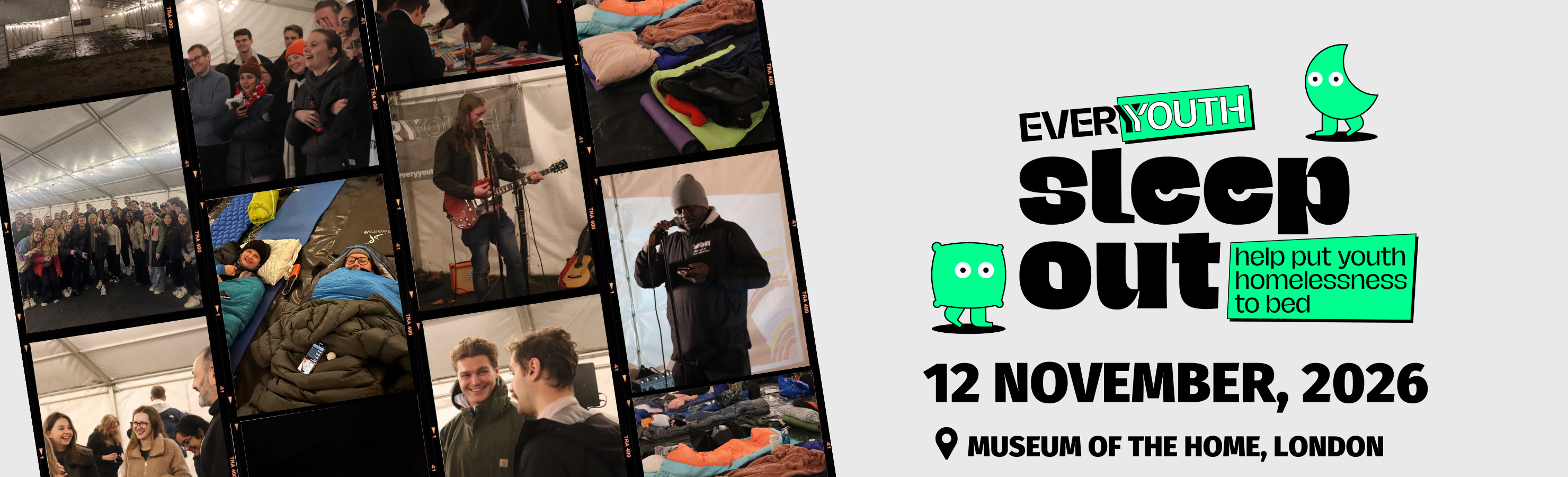 Banner for EveryYouth Sleep Out, showing participants at a sleep‑out event, with event date 12 November 2026 at the Museum of the Home, London.