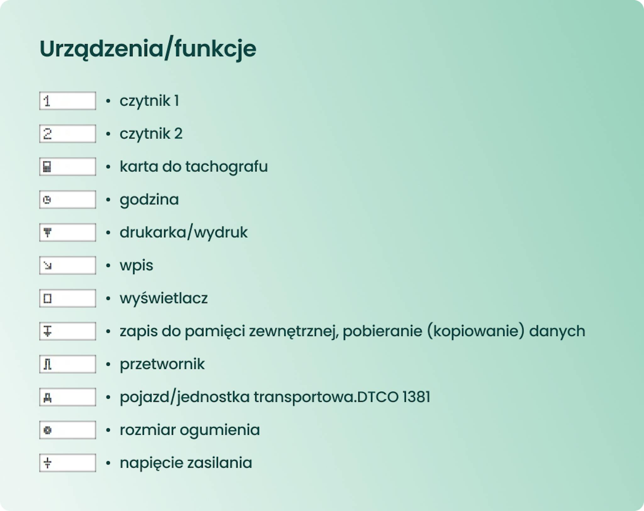Symbole urządzeń / funkcji na tachografie cyfrowym