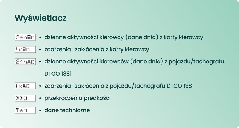 Symbole wyświetlacza na tachografie cyfrowym