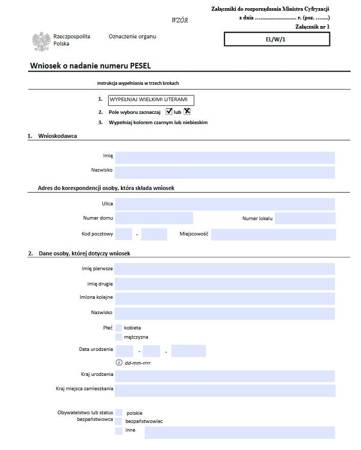 The first page of the application for a PESEL number