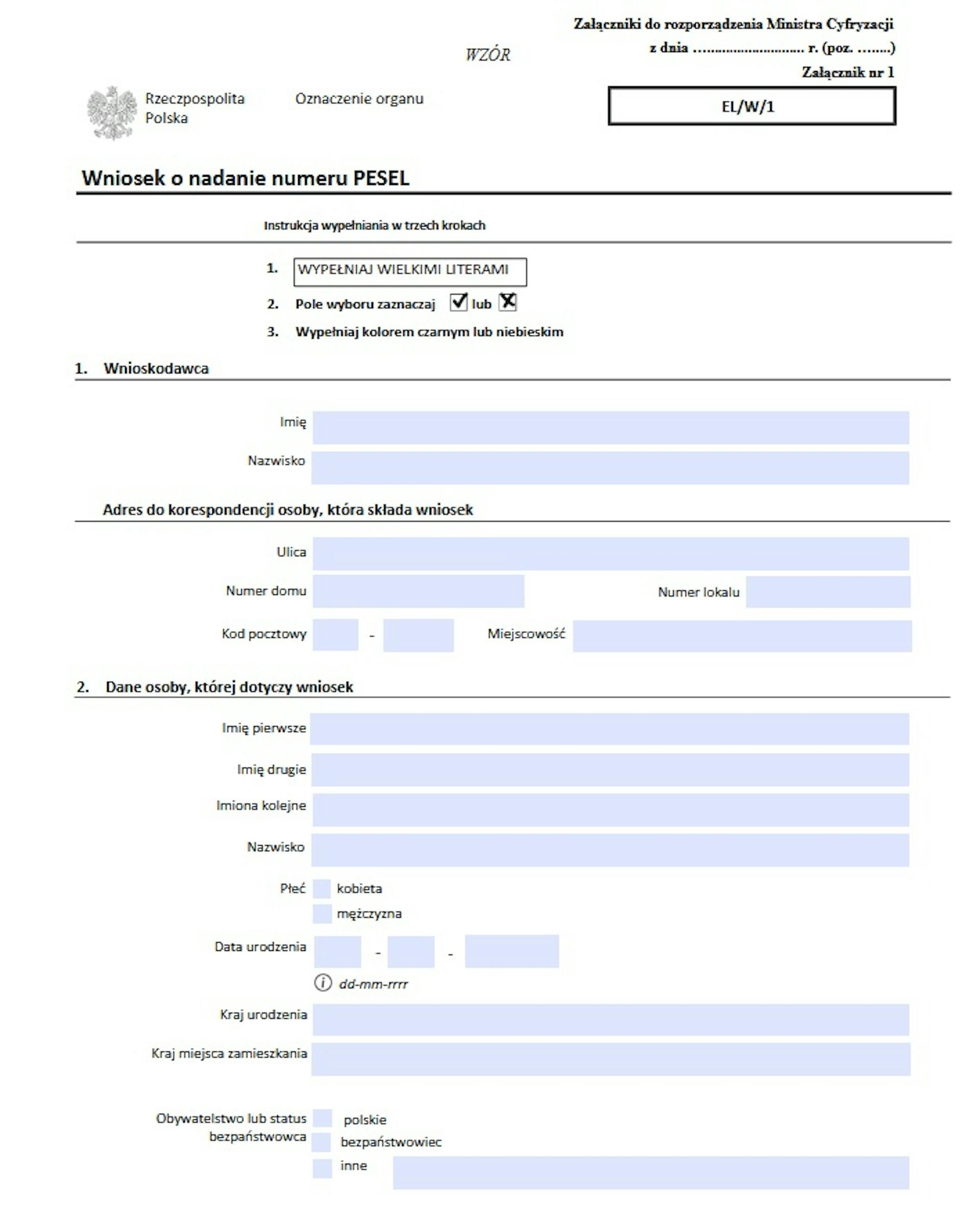 The first page of the application for a PESEL number