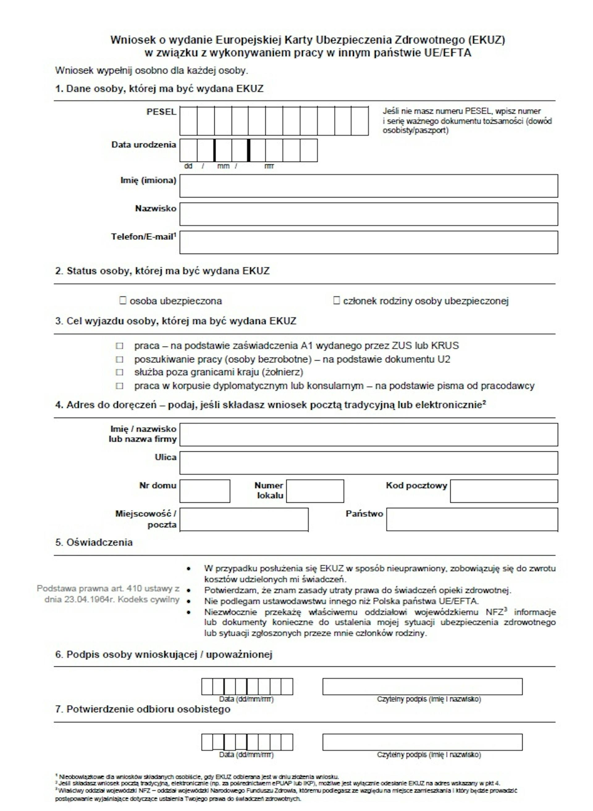 Sample application for issuing an EHIC card in connection with work