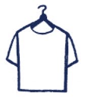 Stylized black-and-white icon of a T-shirt on a hangar.
